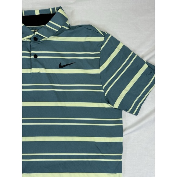 Nike Golf Polo Shirt Mens Size Medium Green Blue White Stripes Golf Lightweight - Picture 2 of 6